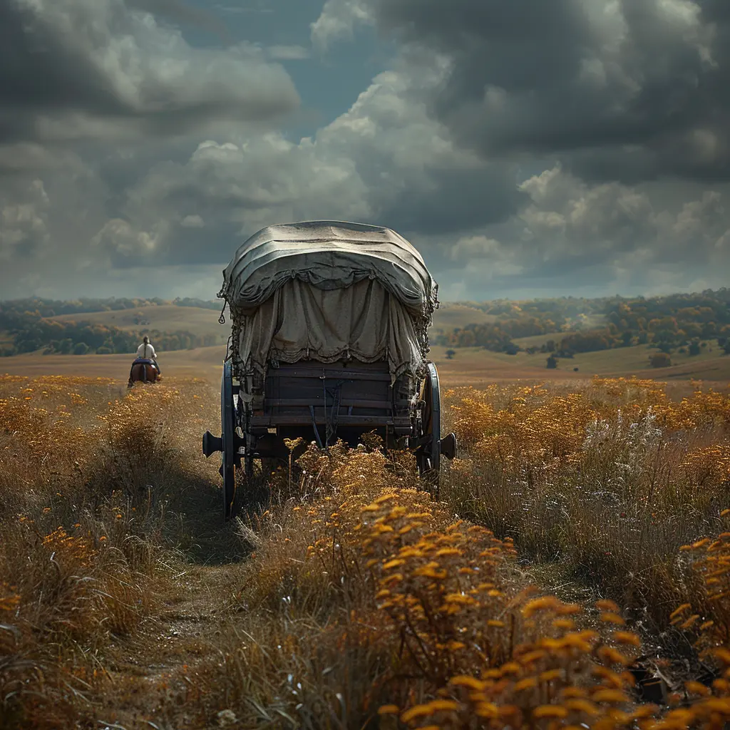 Bird's-eye view of prairie with wagon train. Zooms to show young girl writing in journal inside last wagon.