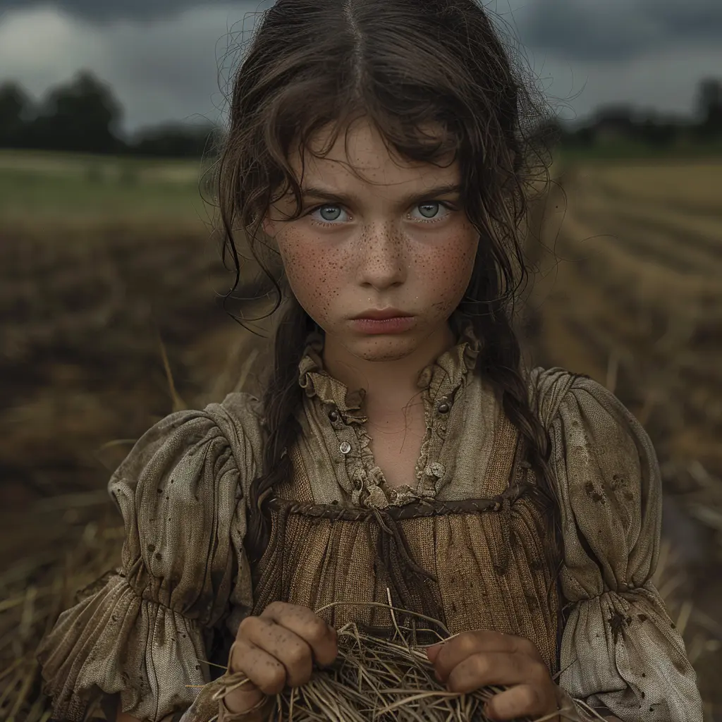Young pioneer girl's furrowed brow, dusty features, irritated expression on Oregon Trail, boots scuffing dirt in frustration.<br>