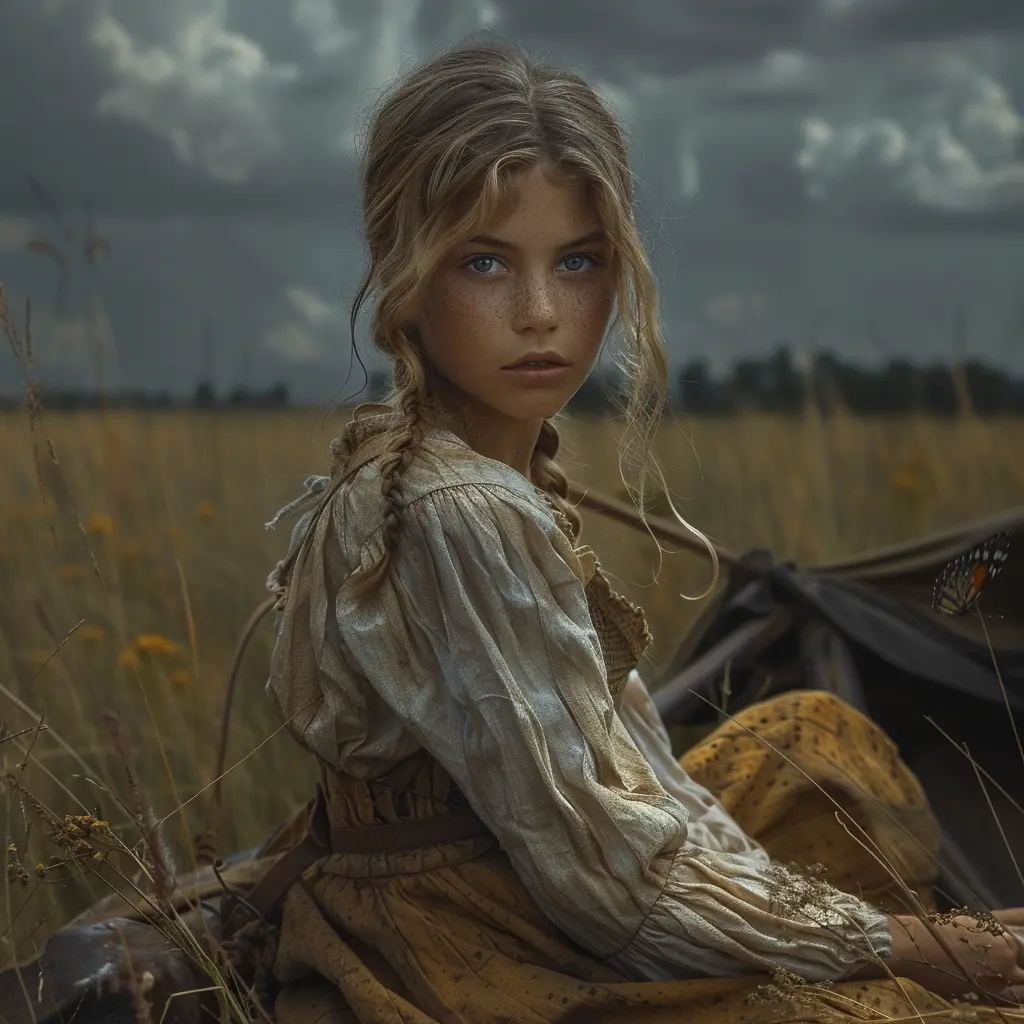 Bird's-eye view of wagon train on prairie, zooming to 12-year-old girl at rear wagon, face tilted to sun