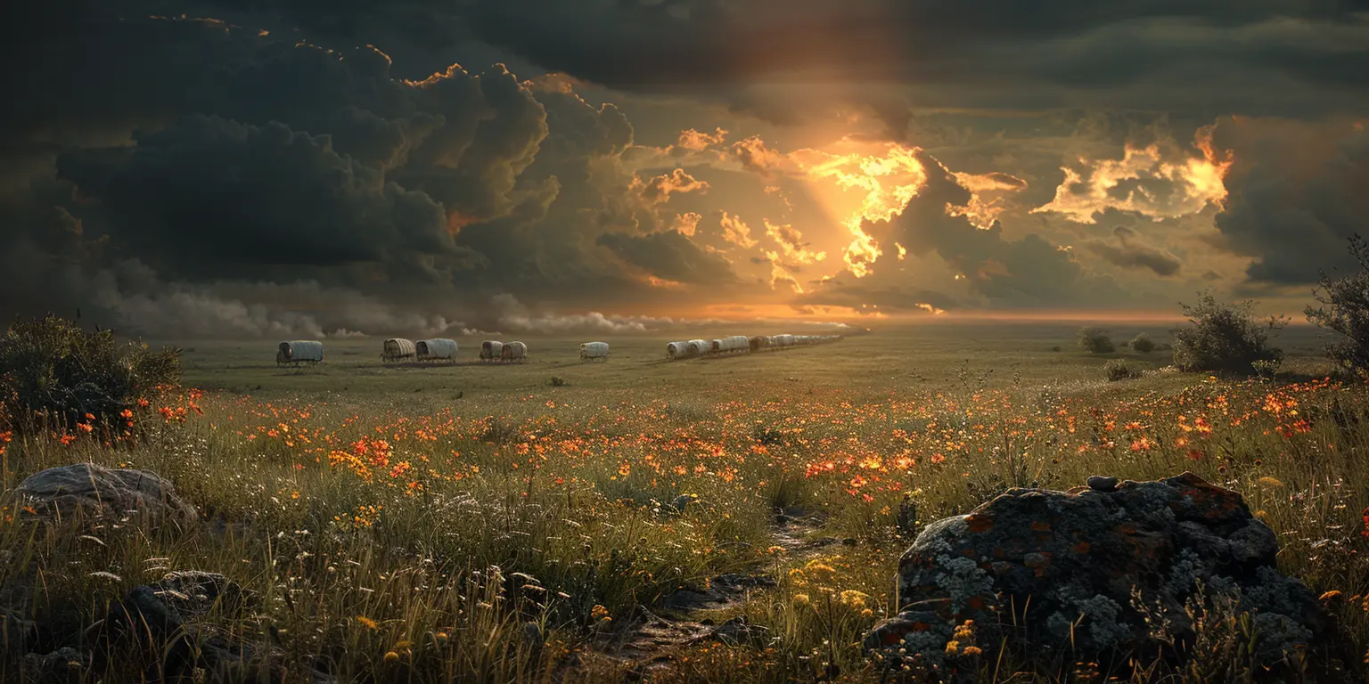 Sunset over Oregon Trail prairie, covered wagons in distance, campfire smoke rising, vast grasslands