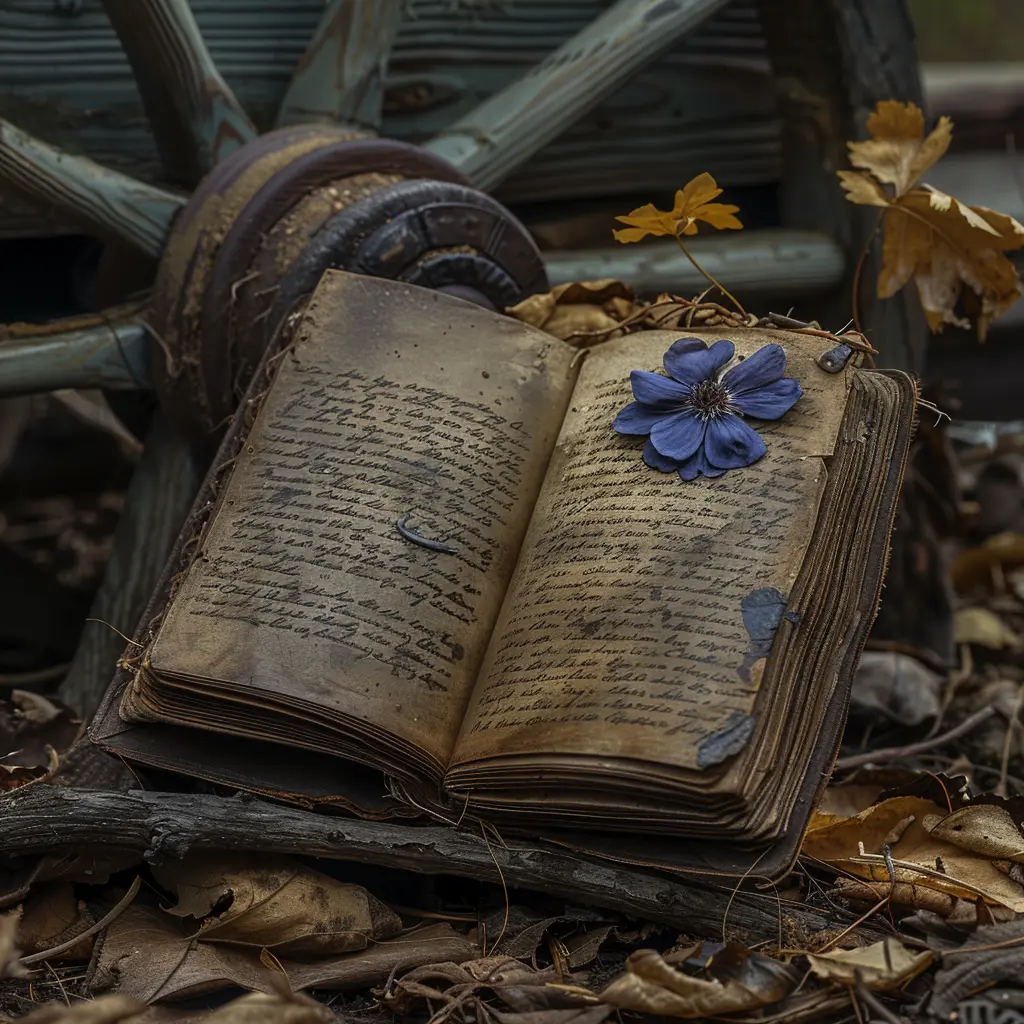 Weathered journal on wagon wheel, open to handwritten page with pressed purple wildflower, Oregon Trail scene