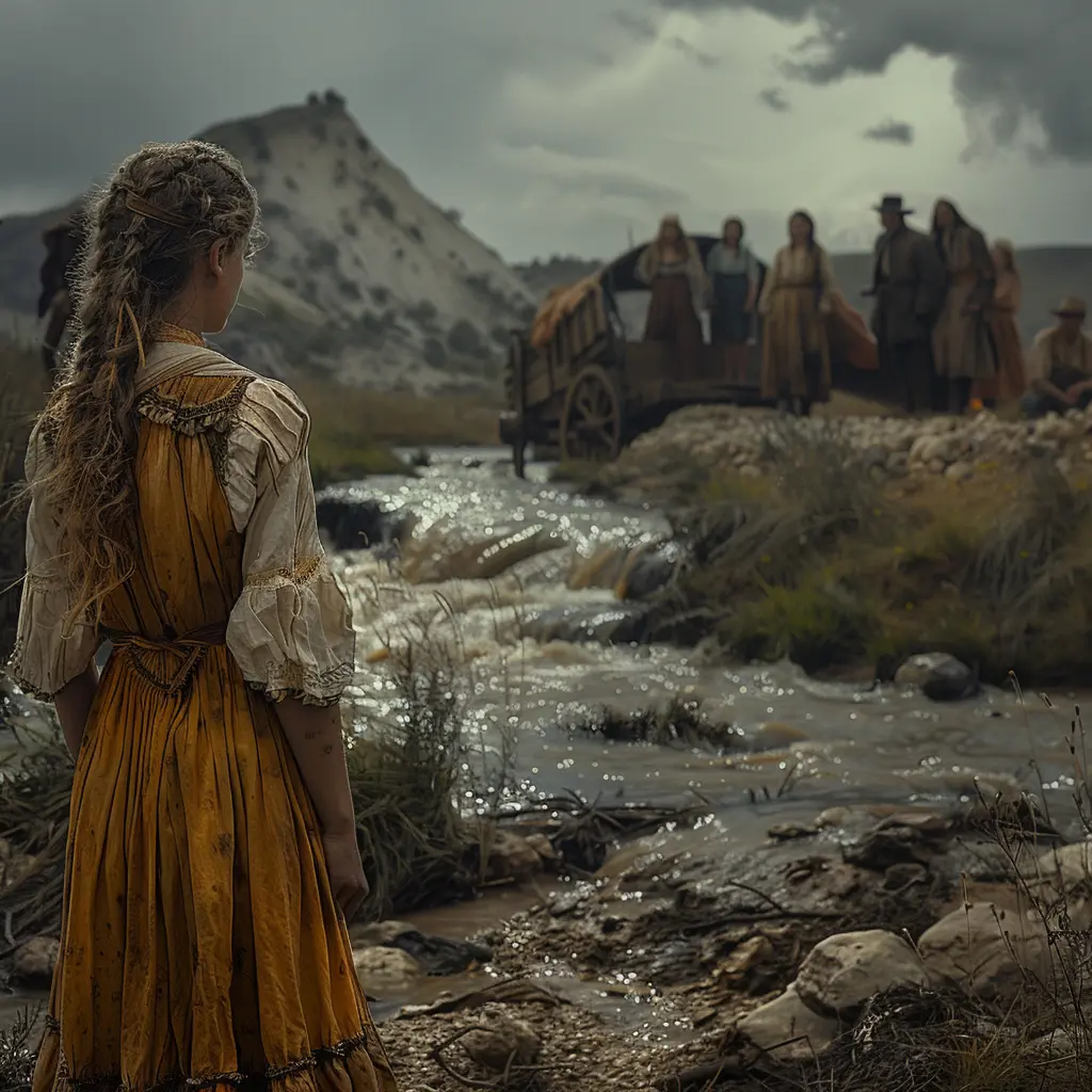 Young girl stands apart from playing children, watching wagon on prairie at sunset, Oregon Trail journey