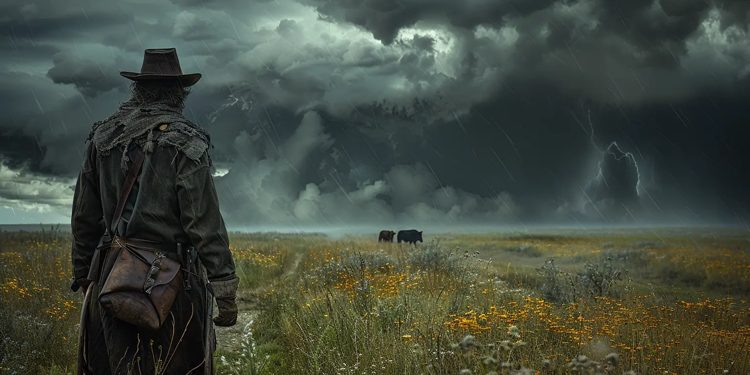 Wagon on the Oregon Trail amid swaying prairie grasses under stormy sky, oxen plodding towards distant horizon.