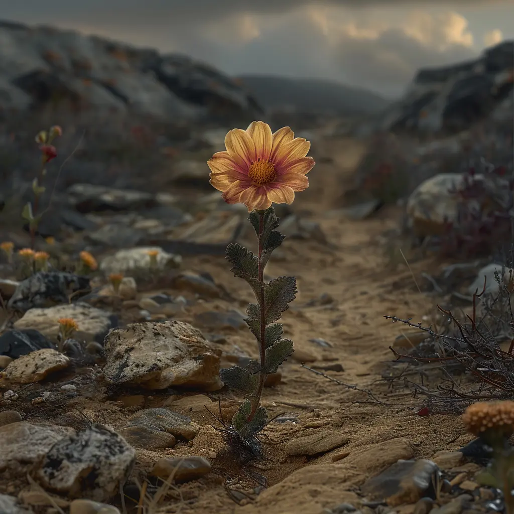 Vibrant wildflower blooms stubbornly on dusty Oregon Trail, bending stem a resilient presence amidst rugged terrain.