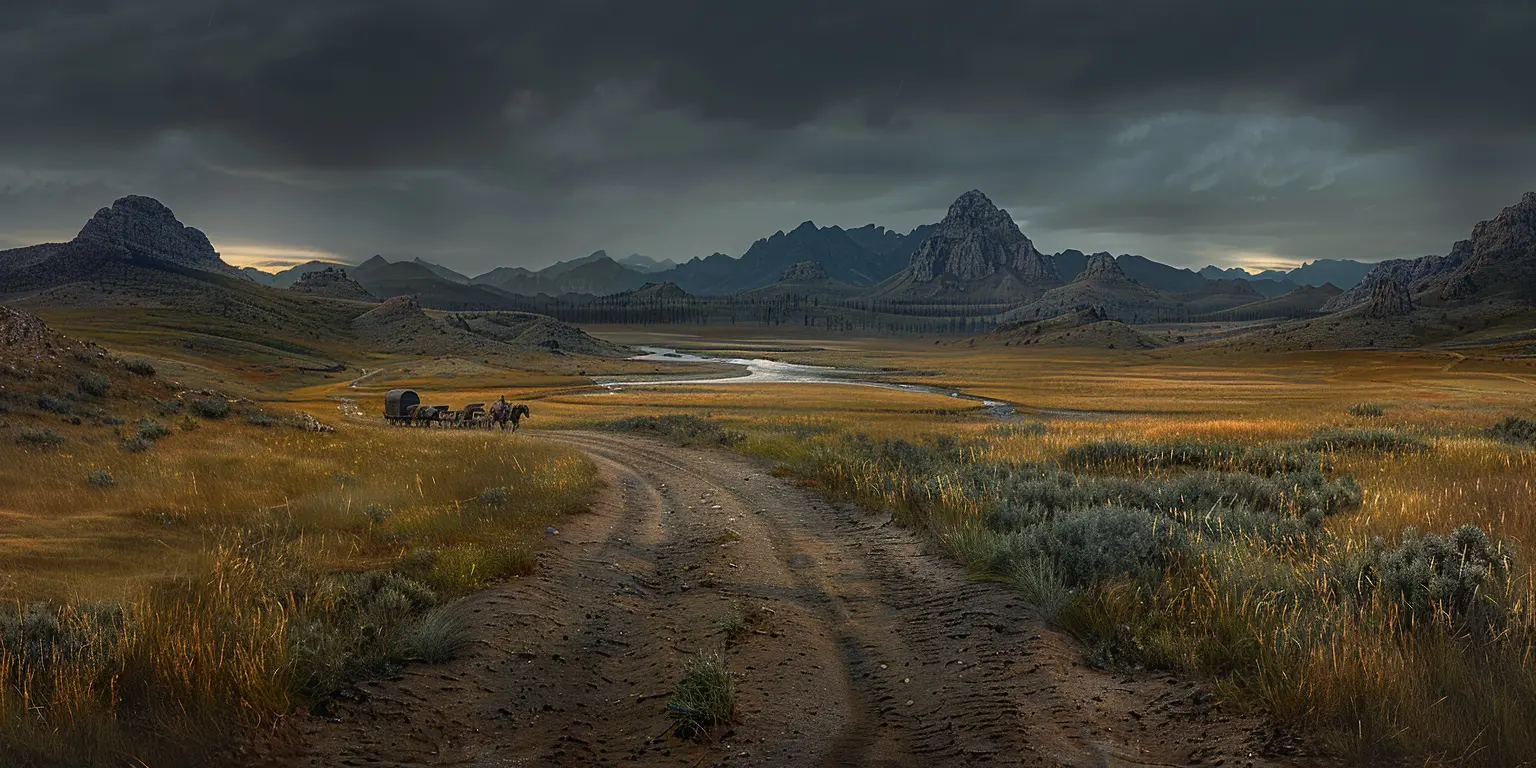 Oregon Trail at dusk: wagon train crossing prairie, river in distance, misty mountains on horizon