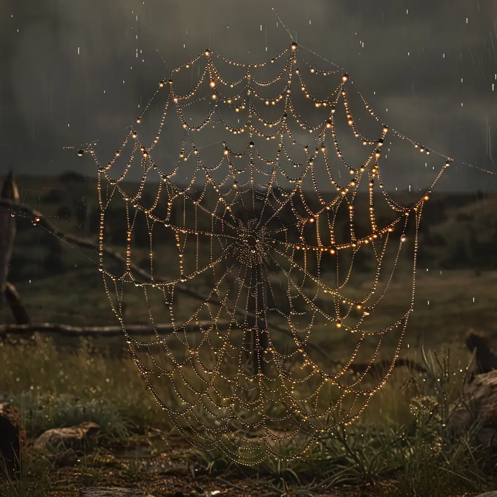 Dewy spider's web stretched between prairie grass stalks, refracting pale light into prisms - fragile yet resilient symbol.