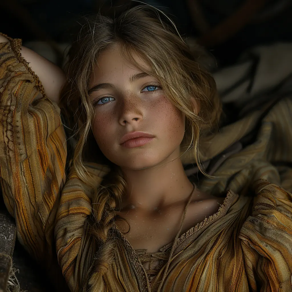 Young girl with closed eyes, serene expression in covered wagon. Sun-lit face, dusty pioneer dress, peaceful pose.