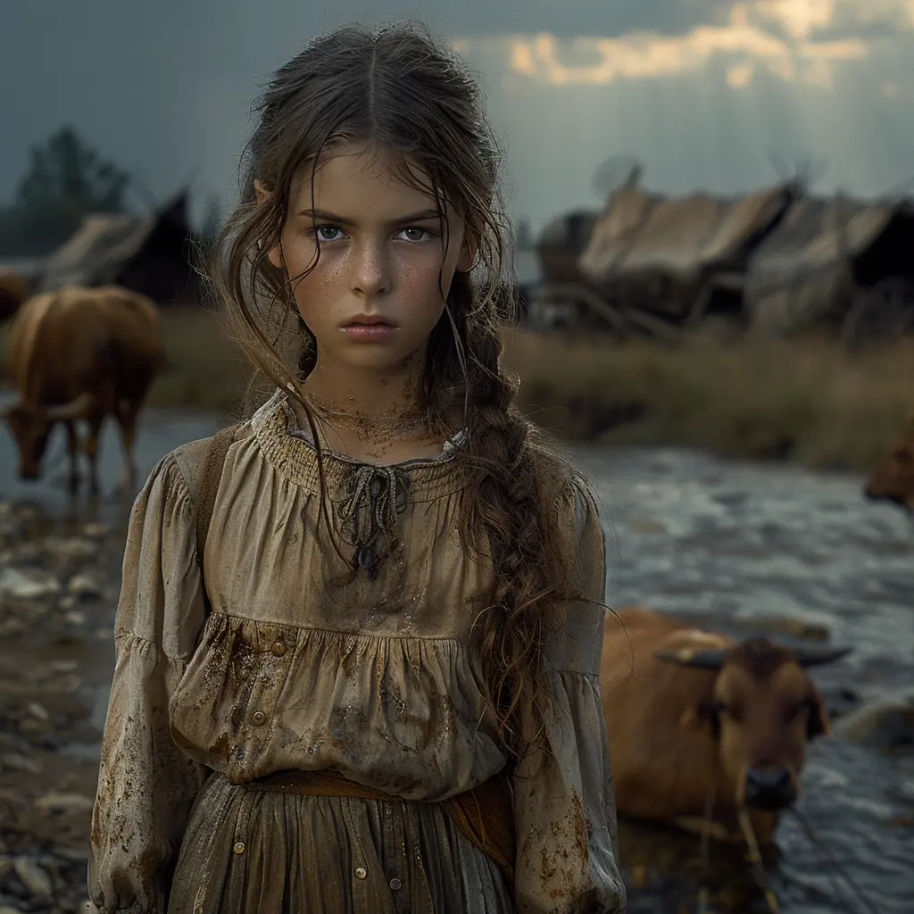 Sepia prairie scene: Girl in calico dress stands alone, silhouetted against sunset, as wagon train stretches into distance