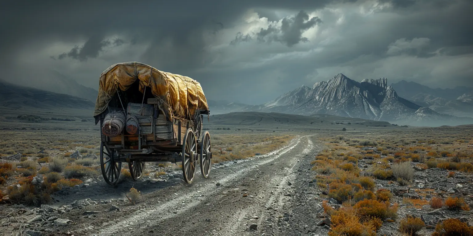 Dusty Oregon Trail winding through parched western terrain, Rocky Mountains looming in distance, wagon train journeying arduous frontier.