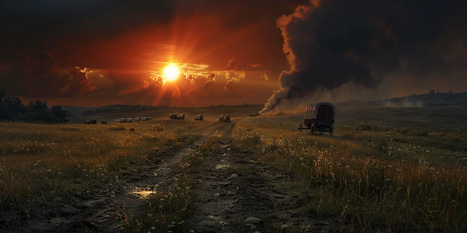 Sunset over prairie with silhouettes of covered wagons stretching across horizon; wagon wheel ruts in foreground