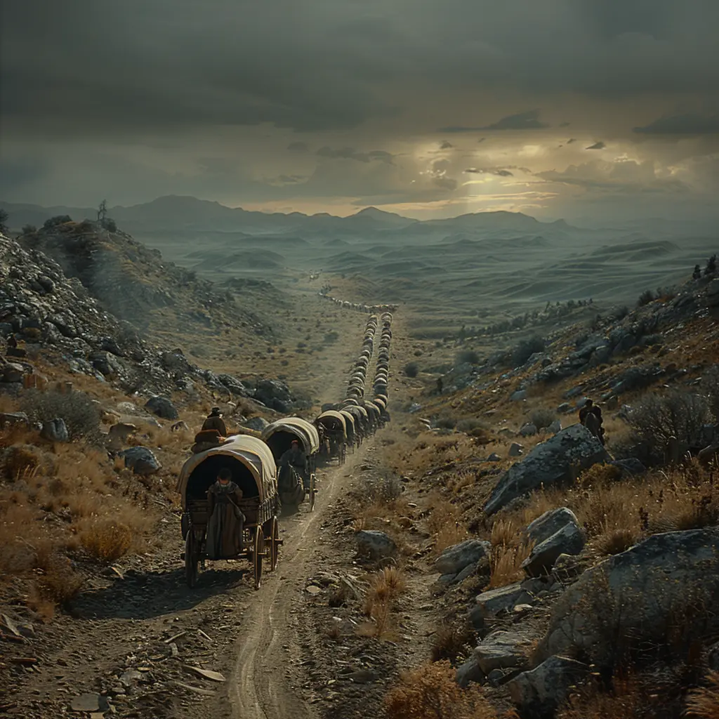 Aerial view of Oregon Trail: long line of covered wagons on vast prairie, stretching to horizon.