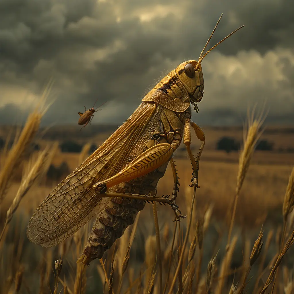 Dried prairie grass blade with cracks and a grasshopper, symbolizing harsh conditions and isolation.