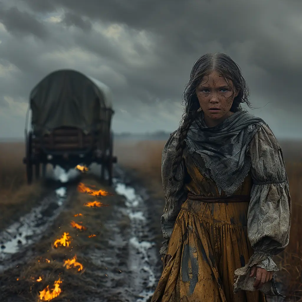 Pioneer girl storms away furiously from covered wagon on Oregon Trail, surrounded by swirling embers mirroring her inner rage.