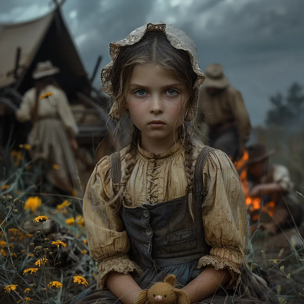 Aerial view of wagon train on Oregon Trail, winding through vast frontier landscape of prairies and mountains.