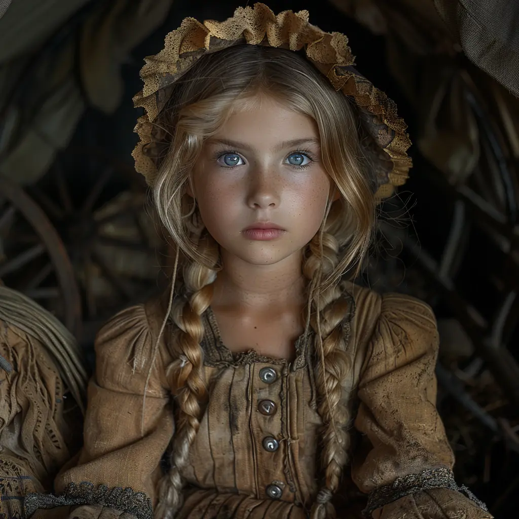 Girl in wagon, haunted eyes under bonnet, tattered dress, glimpsing campfire's warmth and pioneers' camaraderie.