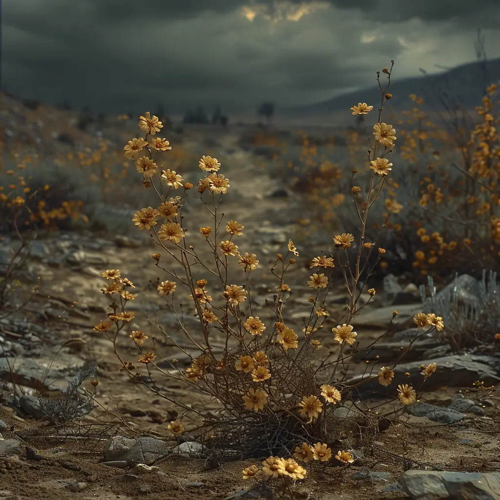 Dry prairie grass, wagon ruts, tiny wildflowers, lone grasshopper on brittle blade in harsh sun on desolate Oregon Trail frontier.<br>