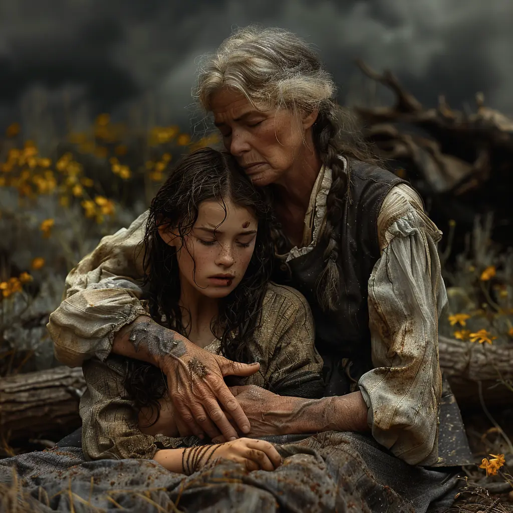 Girl alone by stream, sad, elderly woman approaches with warm smile, offering wisdom and solace in her sorrow.