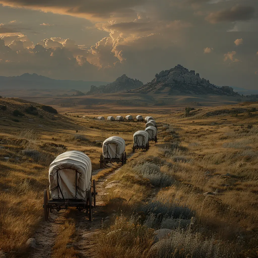 Aerial view of a wagon train crossing vast prairie, distant mountains on horizon, long shadows in afternoon sun