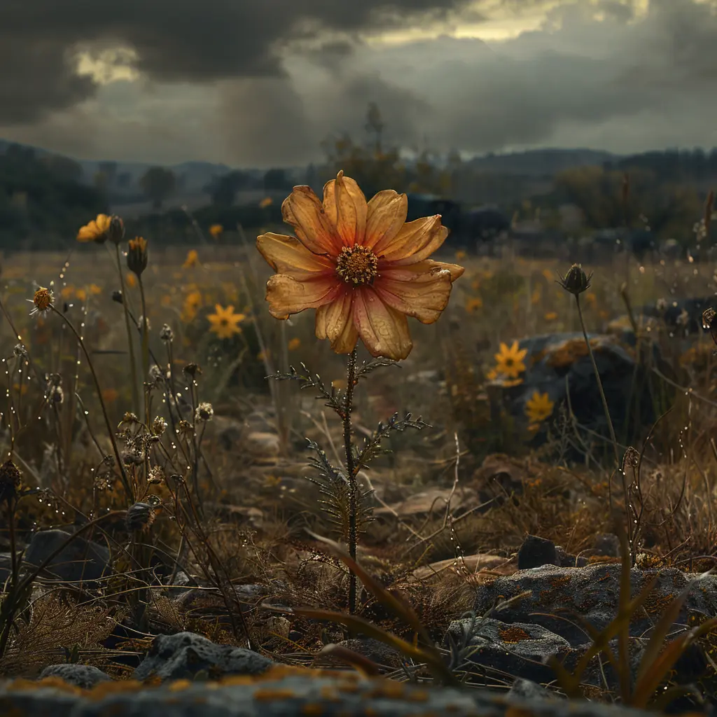 Lone wildflower on prairie trail, bending in breeze, with wagon train passing in background.