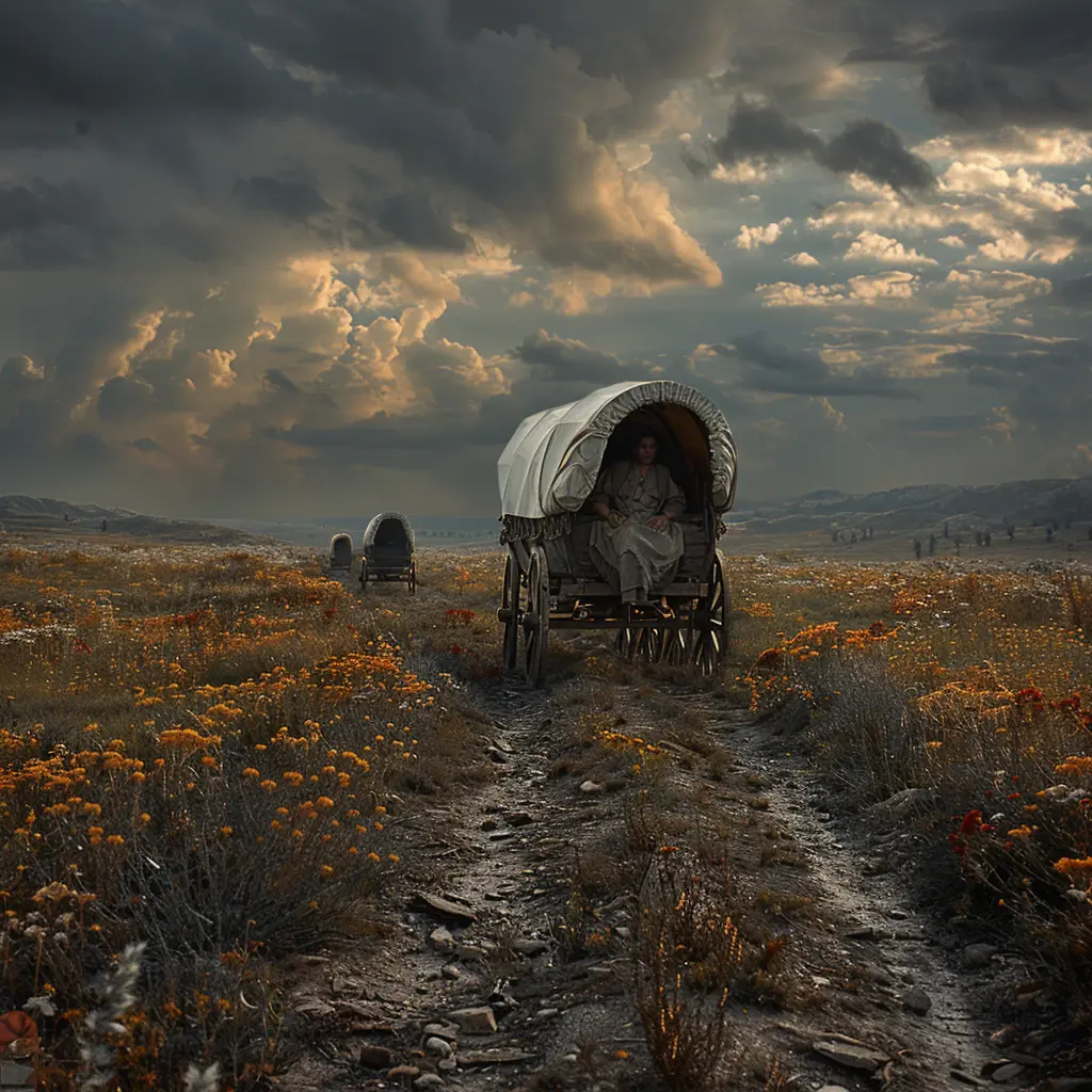Vast prairie with wagon train. Close-up of covered wagon, young girl Sarah visible inside, looking tired and frustrated.