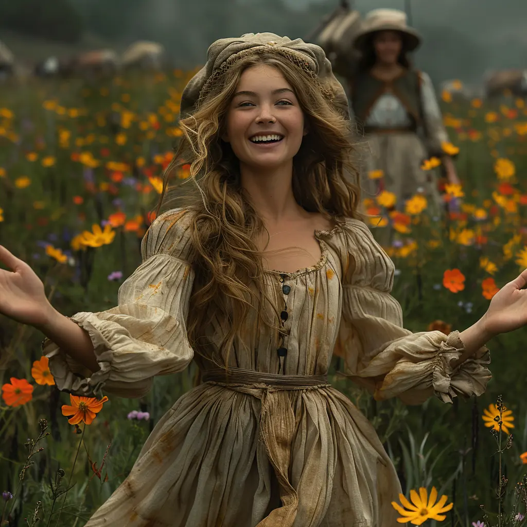 Young pioneer girl watches wagon train at sunrise on vast prairie, symbolizing hope on Oregon Trail journey