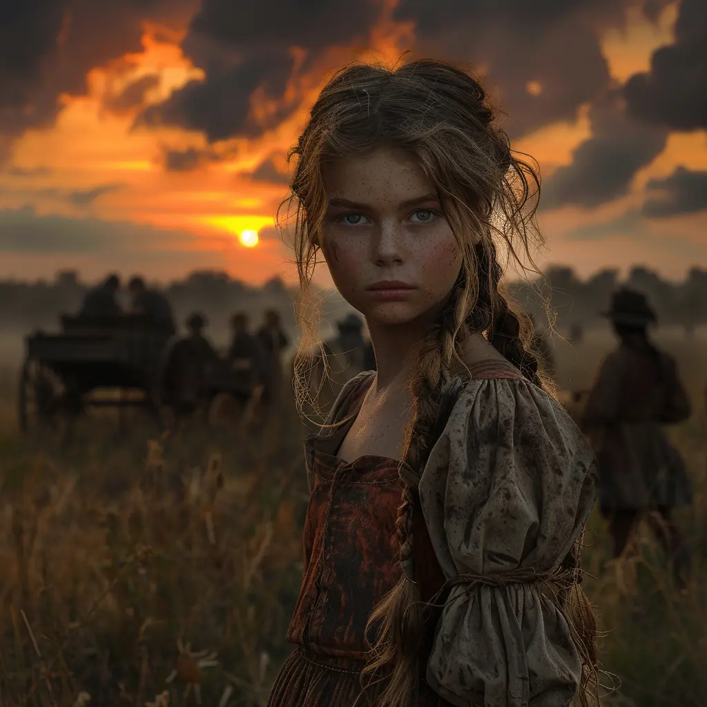 Young girl stands apart from playing children, watching wagon on prairie at sunset, Oregon Trail journey