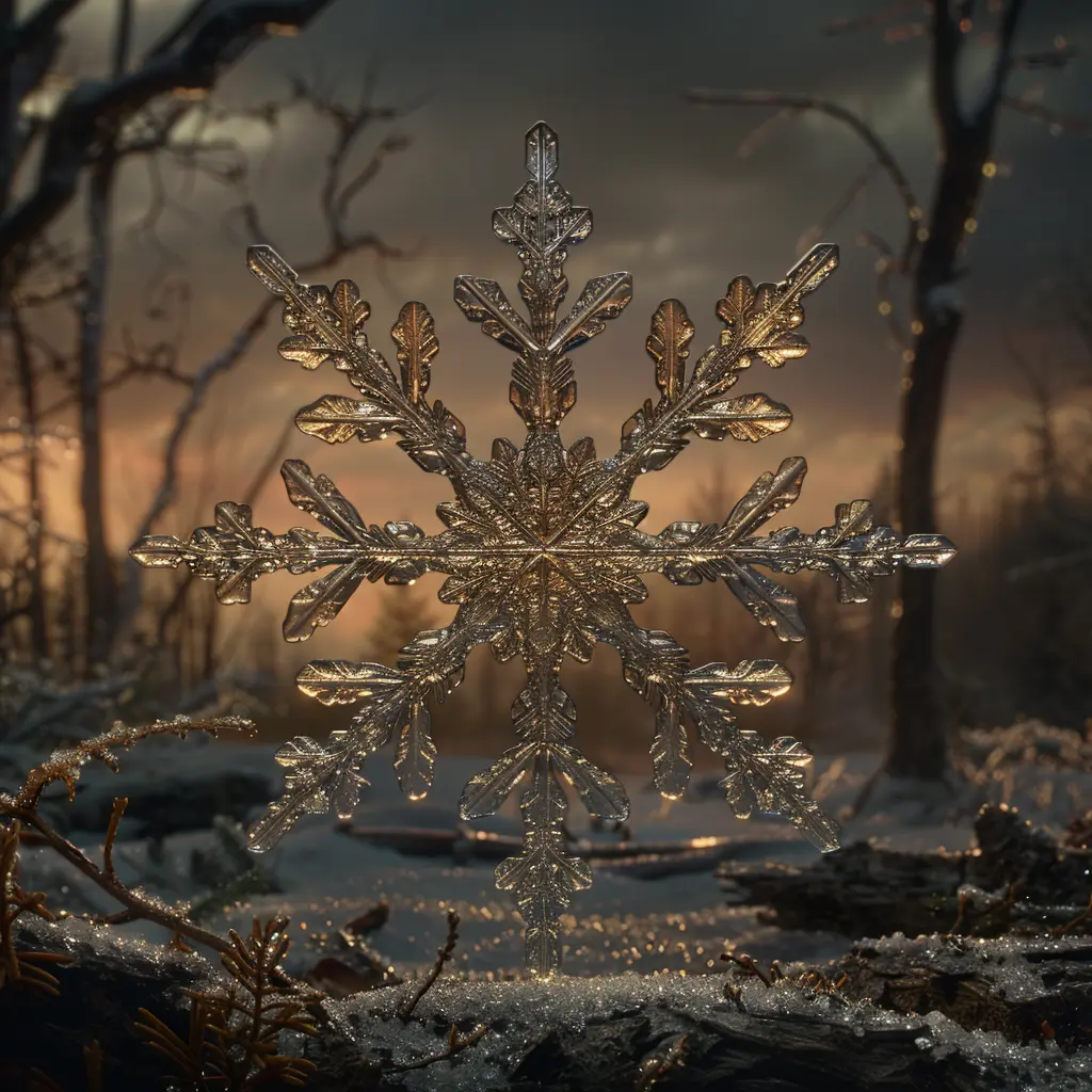 Magical snowflake floating in dawn light, refracting rainbow colors against pine needles and tree bark backdrop.