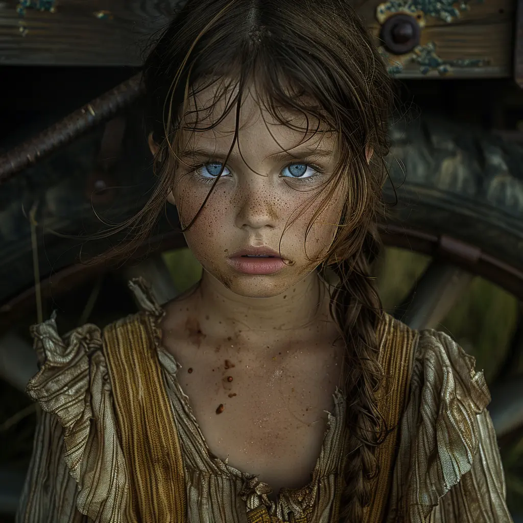 Teary-eyed pioneer girl Sarah, 12, in worn dress, holding a biscuit near wagon on prairie, hopeful expression