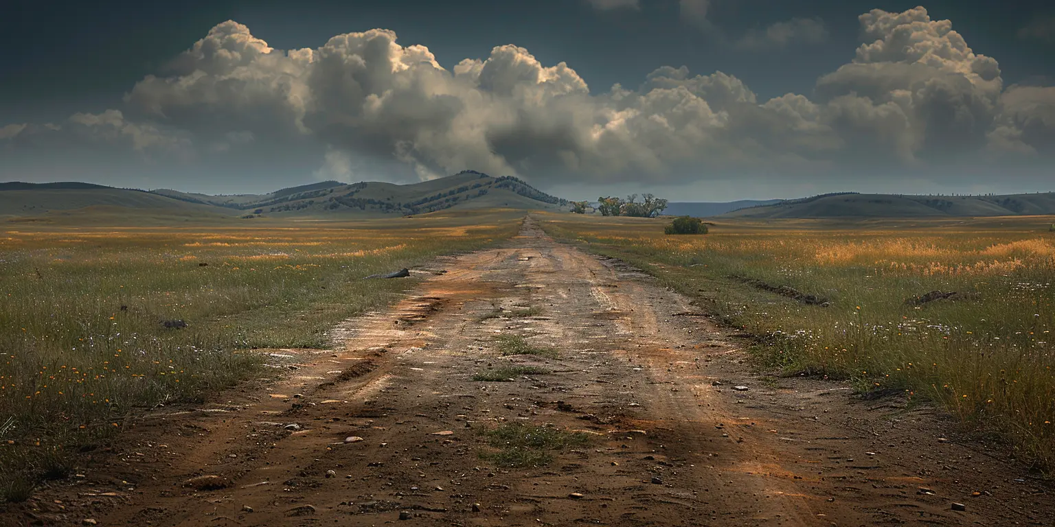 Endless prairie, Oregon Trail path, wispy clouds in afternoon sky, distant cottonwood grove oasis among golden grasslands.<br>