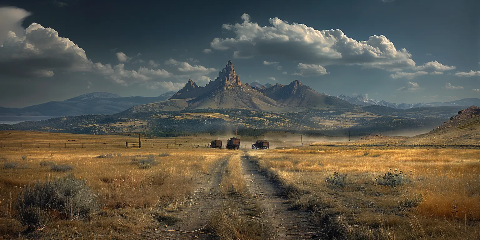 Wagon train on Oregon Trail at sunset, Chimney Rock in distance, vast prairie under blue sky