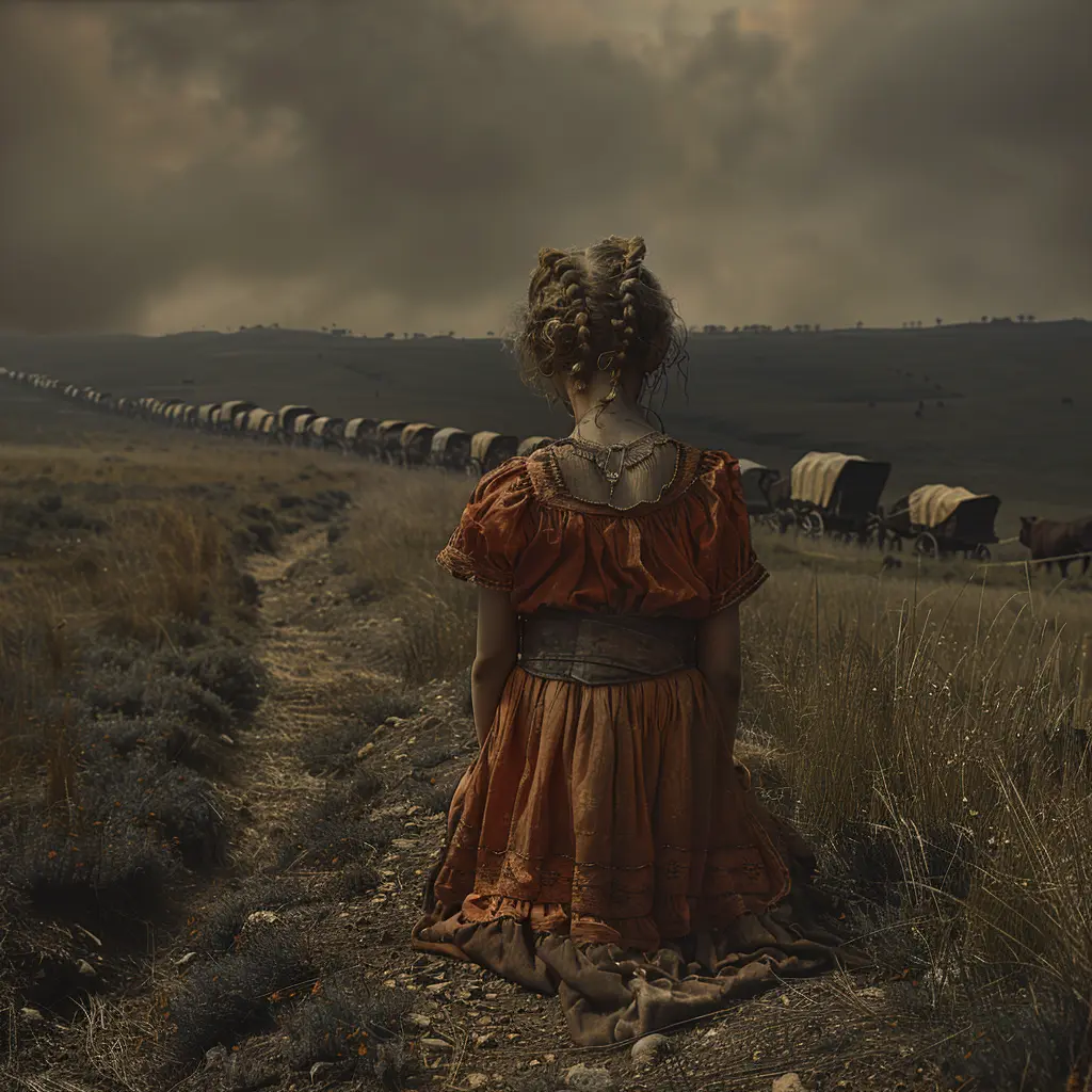 Sepia panorama: Covered wagons trek across vast prairie. Girl in foreground watches, embodying pioneer spirit.