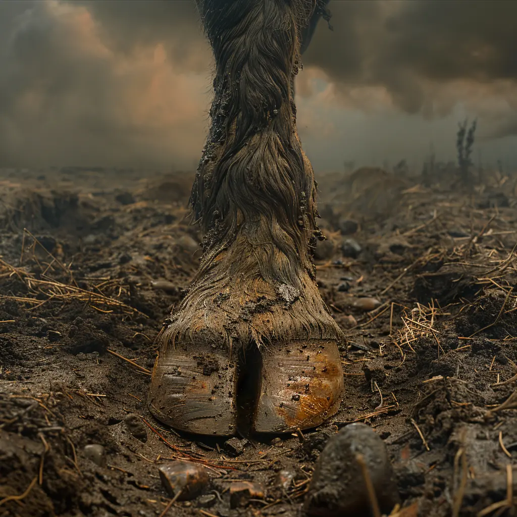 Weathered oxen hoof on dusty Oregon Trail ground, leaving deep imprint. Cracked surface with grass and pebbles.