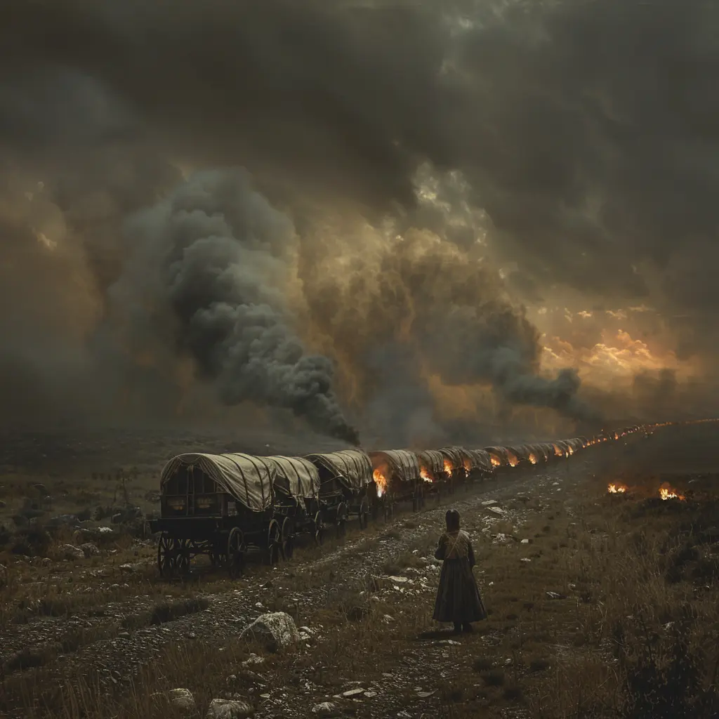 Sepia panorama: Wagon train circled on vast prairie at dusk. Young girl stands nervously in center.