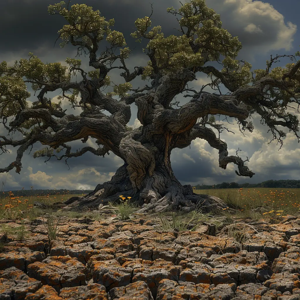 Gnarled oak tree enduring harsh elements, twisted branches & cracked bark, wildflowers blooming defiantly at its base.<br>