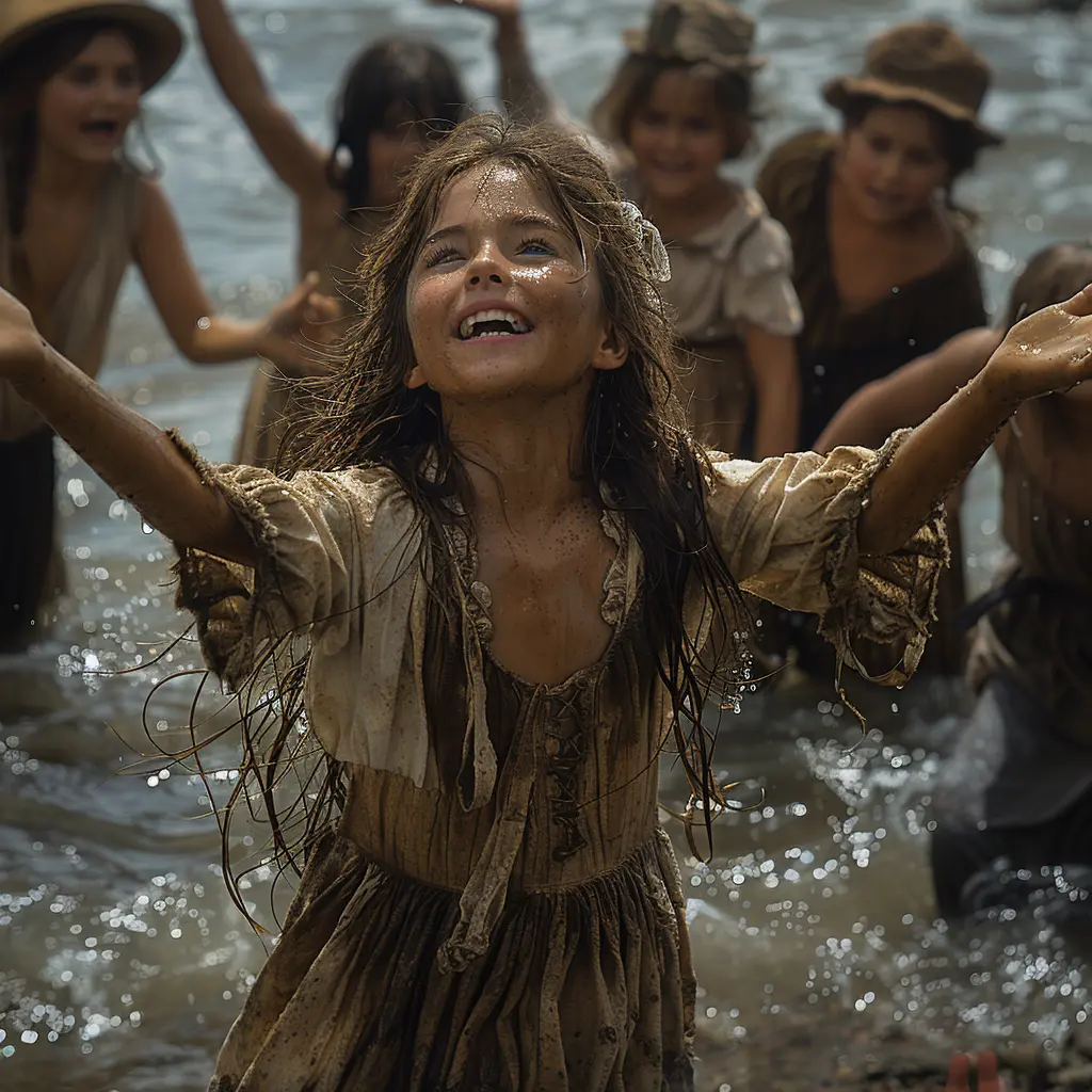Covered wagon crests hill, revealing Pacific Ocean. Seagulls fly in foreground as sun sets on pioneer journey.