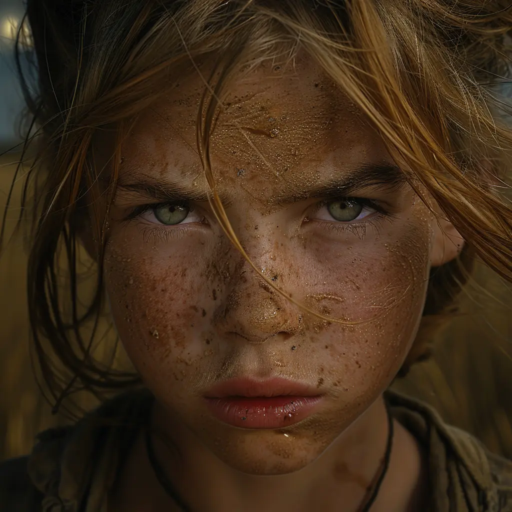 Close-up of bored 12-year-old girl with sun-bleached hair, freckles, and weary eyes, staring blankly across a prairie.