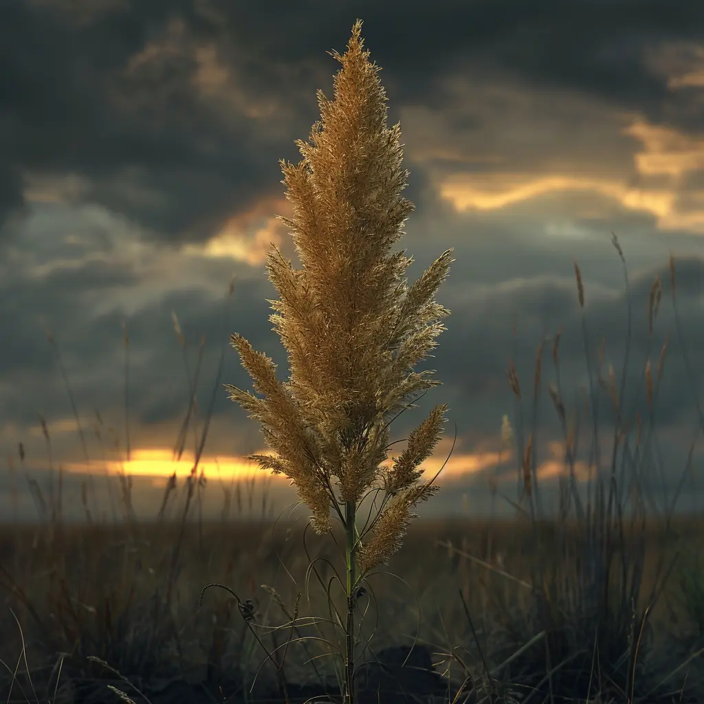 Golden prairie grass stalk against sunset sky, symbolizing resilience on the Oregon Trail journey