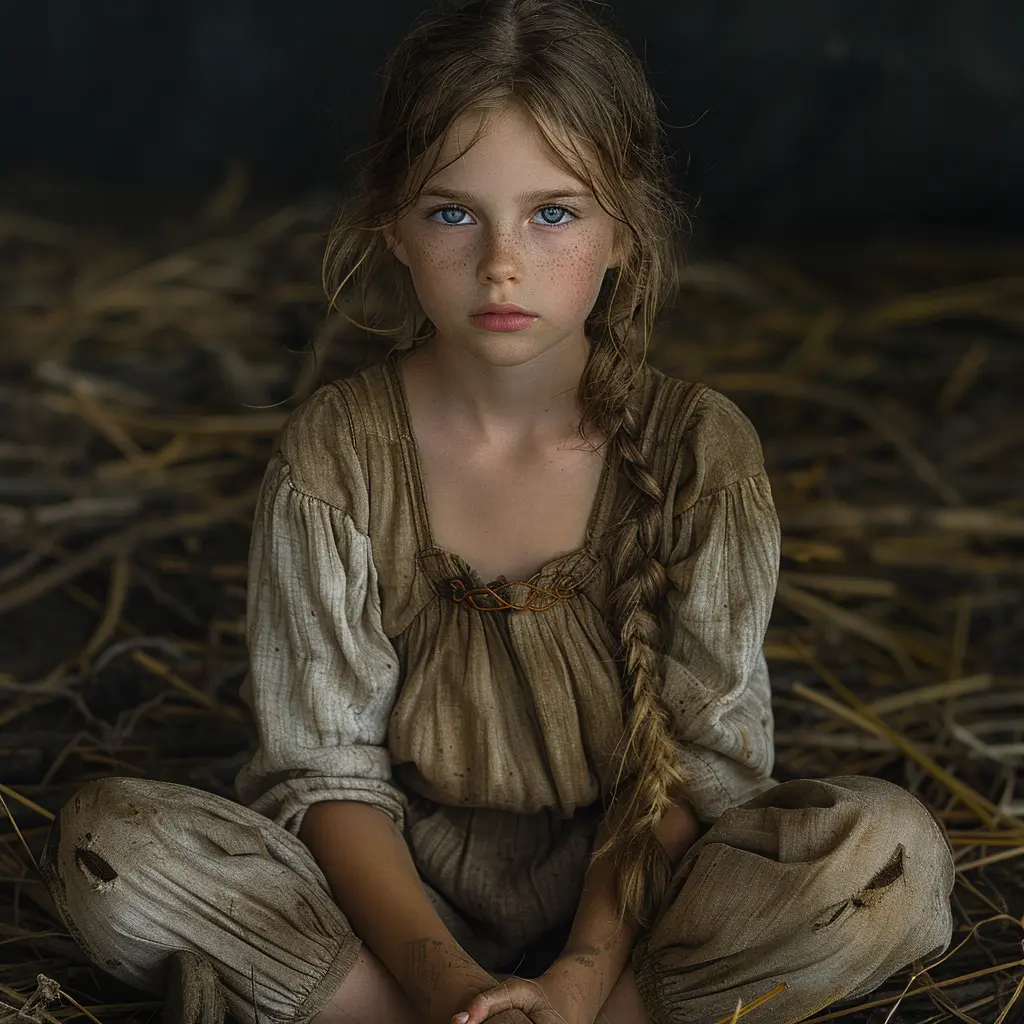 Young pioneer girl, solemn eyes, tattered clothes, exudes loneliness yet hope for connection lingers in somber gaze.
