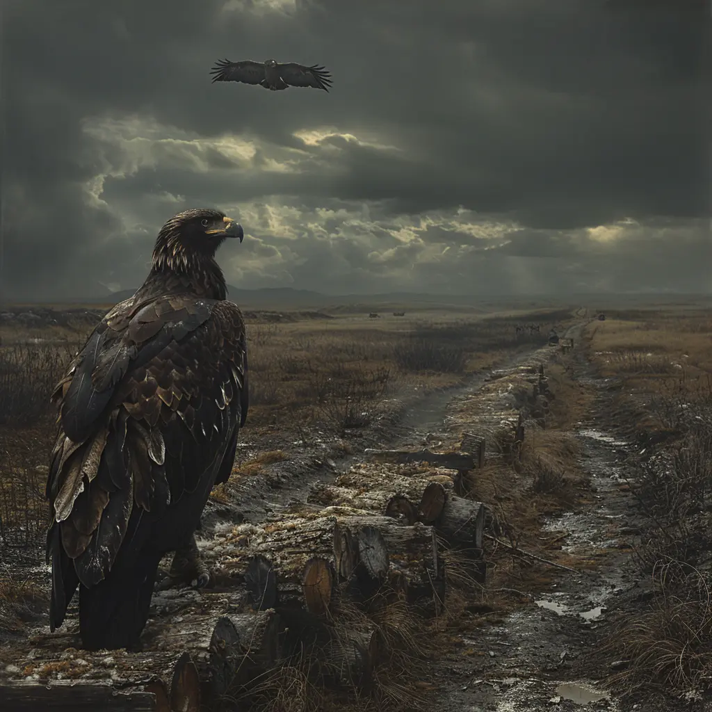 Bird's-eye view of prairie with wagon train. Eagle soars above, watching girl sitting on last wagon.