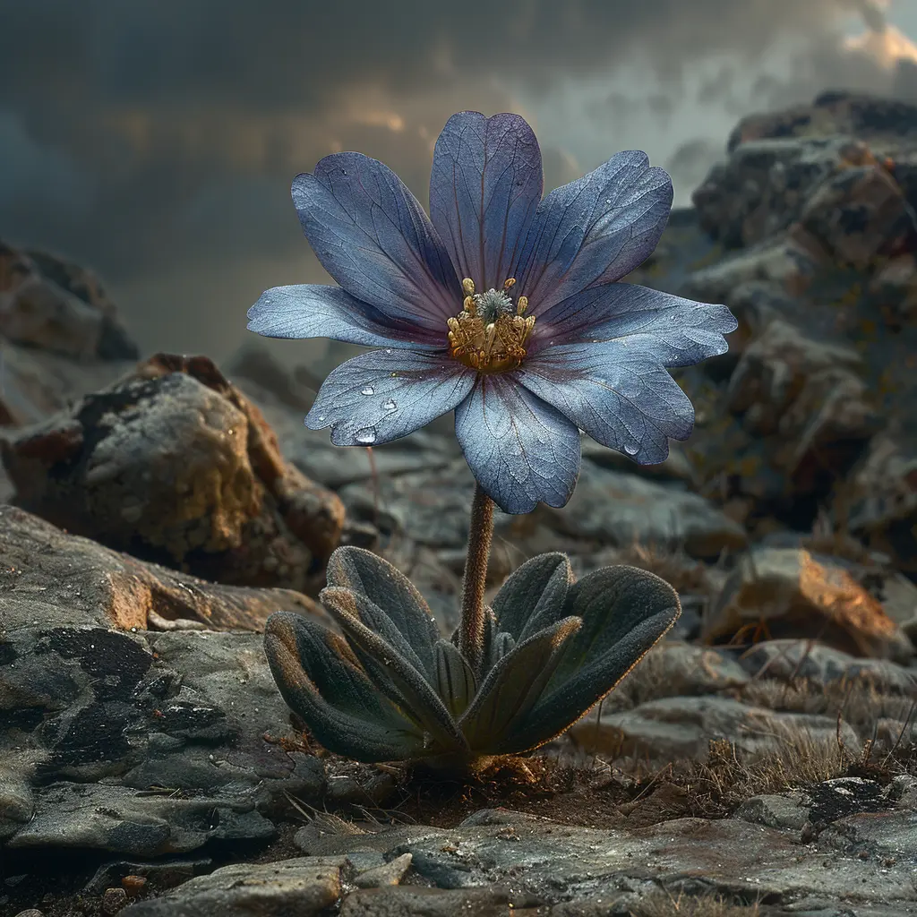 Purple wildflower growing from crack in dry, rocky ground, symbolizing hope and resilience on the Oregon Trail.