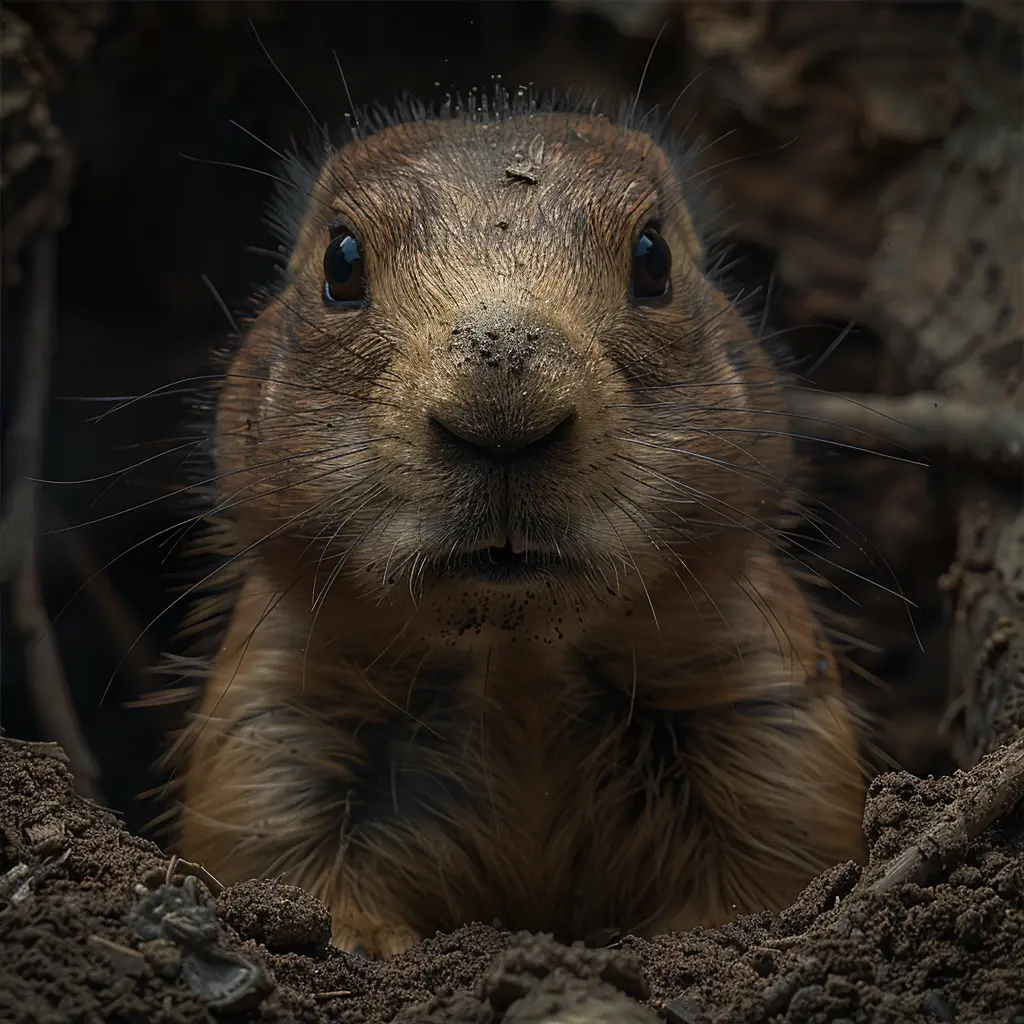 Alert prairie dog emerges from burrow, watching passing wagon train at sunset on dusty prairie.