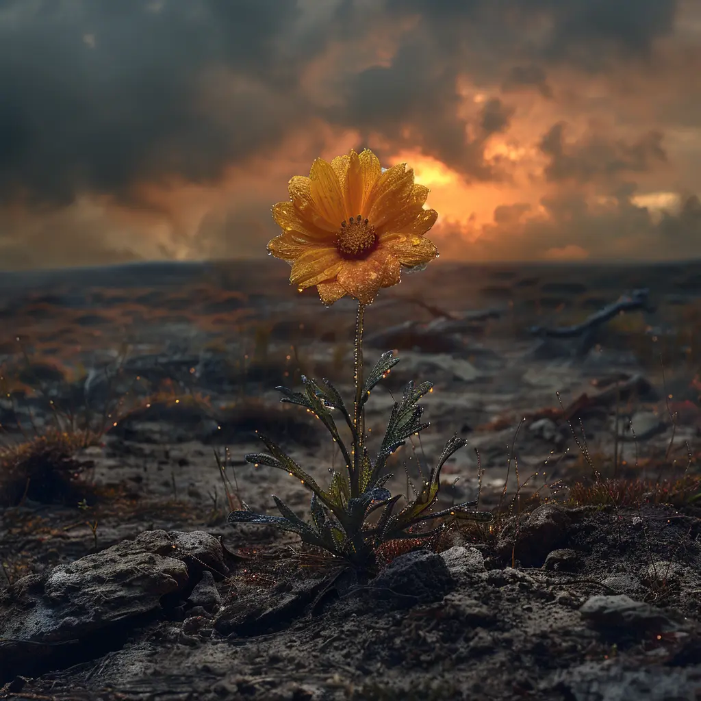 Vibrant wildflower blooms amid rugged frontier landscape, symbolizing resilience along Oregon Trail journey.
