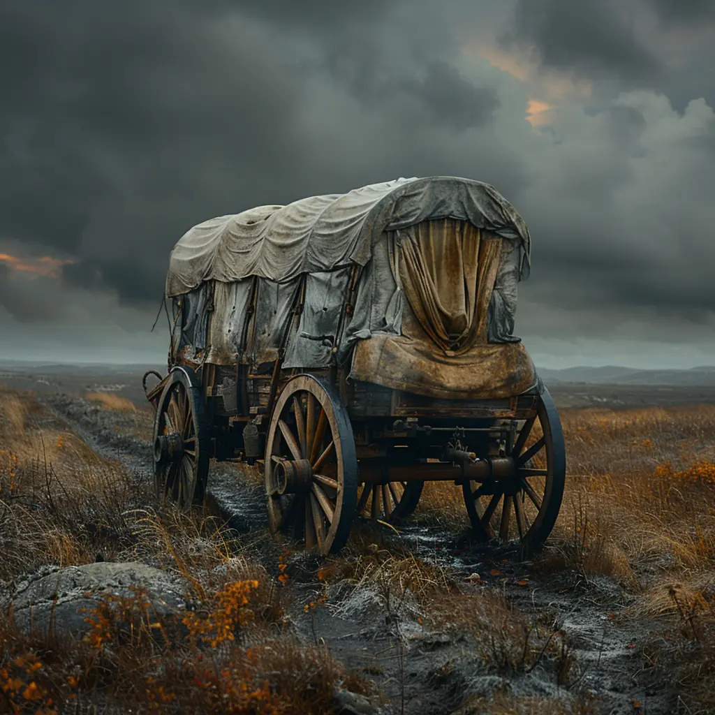 Aerial view: Wagon tiny against vast prairie. Young girl sits on edge, looking small and uncertain.