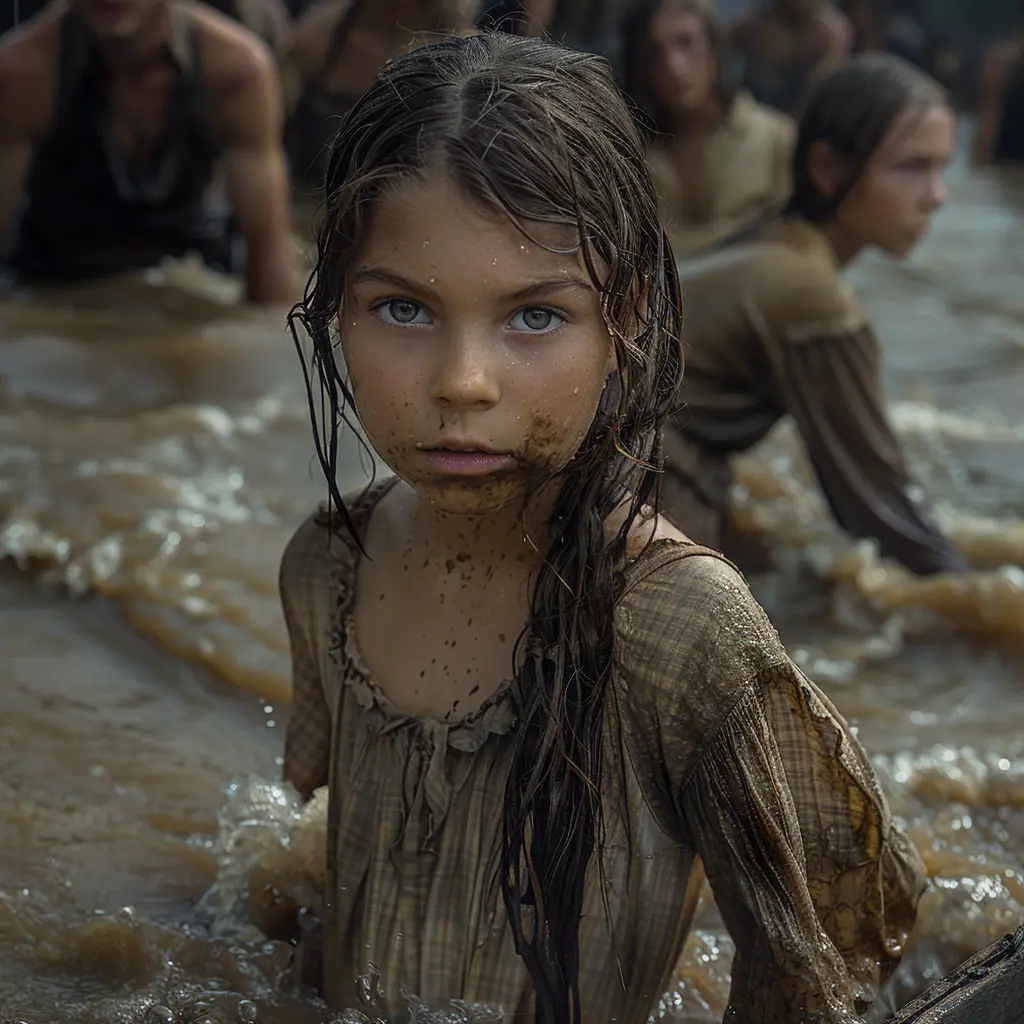 Aerial view of a wagon train crossing a vast prairie, with one lagging wagon suggesting hardship and loss.