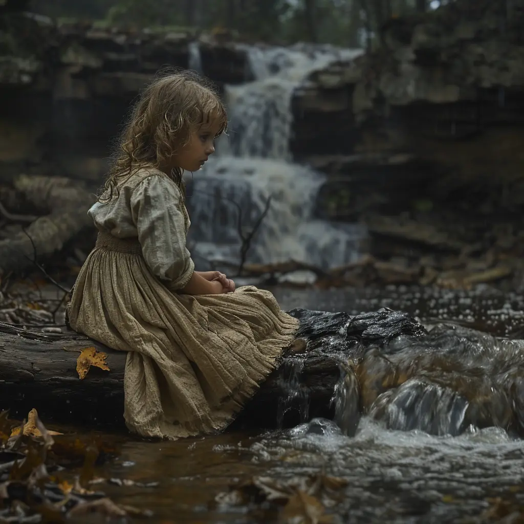 Girl alone by stream, sad, elderly woman approaches with warm smile, offering wisdom and solace in her sorrow.