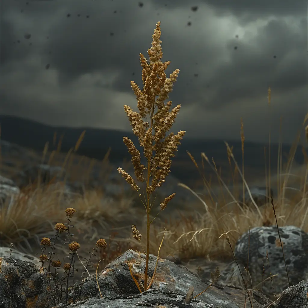 Prairie grass blade wilts under orphan girl's anguished gaze, soil-marred hue mirrors her tear-stained face.<br>