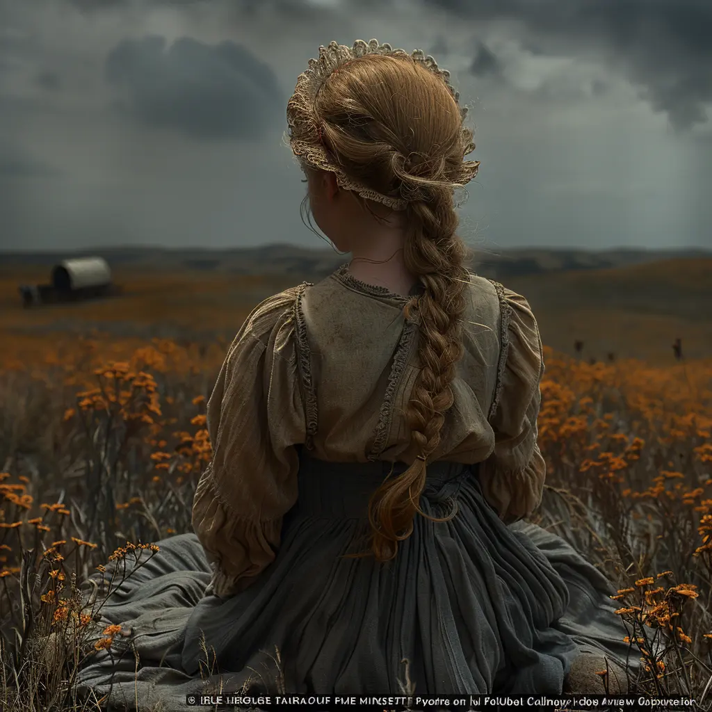 Young pioneer girl watches wagon train cross vast prairie, dwarfed by golden grasslands under sunny sky