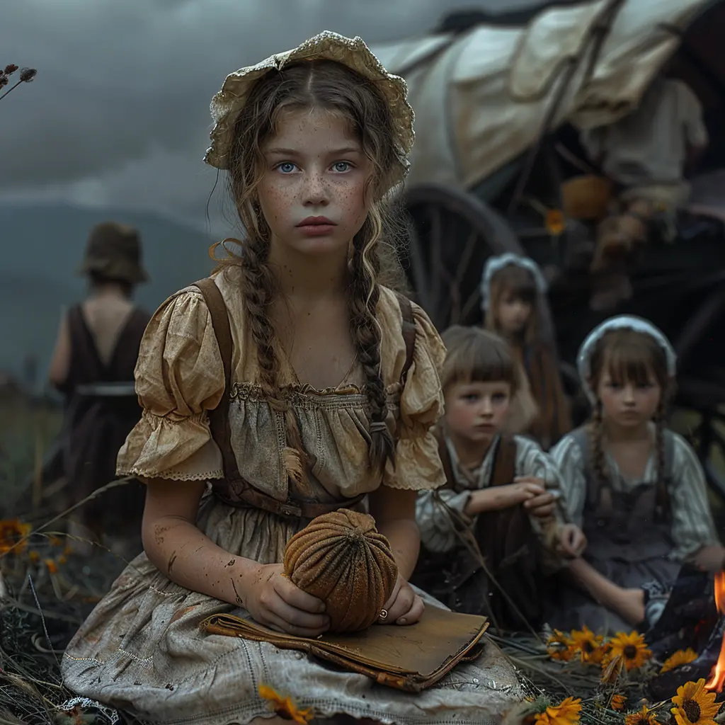 Aerial view of a wagon train crossing vast prairie, distant mountains on horizon, long shadows in afternoon sun