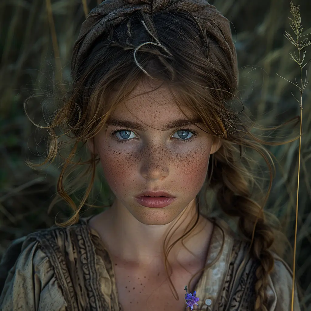 Pensive 12-year-old pioneer girl on Oregon Trail, holding wildflower, gazes at sunset over prairie