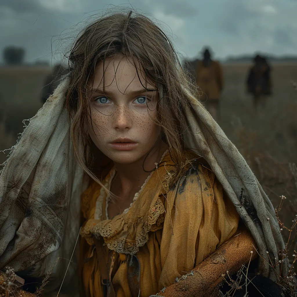 Aerial view of wagon train on vast prairie. Close-up shows young girl peering anxiously from covered wagon.